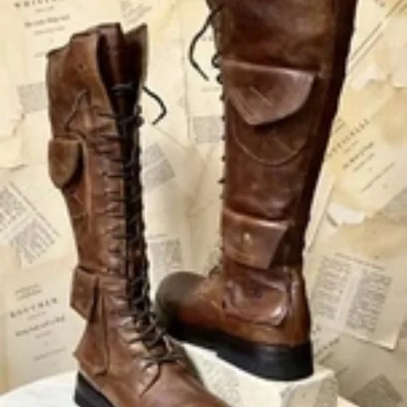 Free People A.S.98 Elisa Tall Lace Boot Fondente Brown Distress Leather - Picture 8 of 12